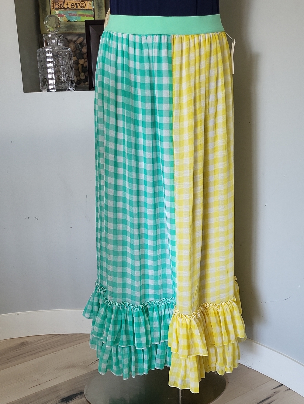 Eva Franco Lynsey Gingham Maxi Skirt in Mint & Yellow Sz M